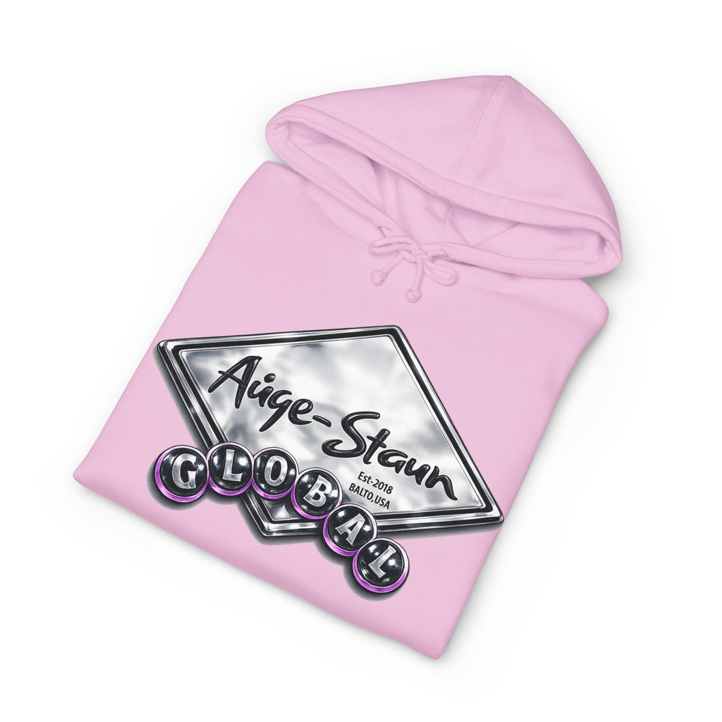 Auge-Staun Logo Hoodie — White Graphic Pullover with Script & Sleeve Print