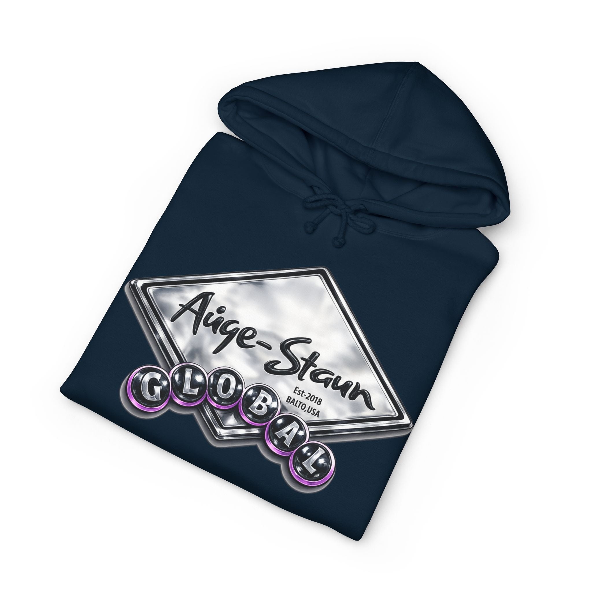 Auge-Staun Logo Hoodie — White Graphic Pullover with Script & Sleeve Print