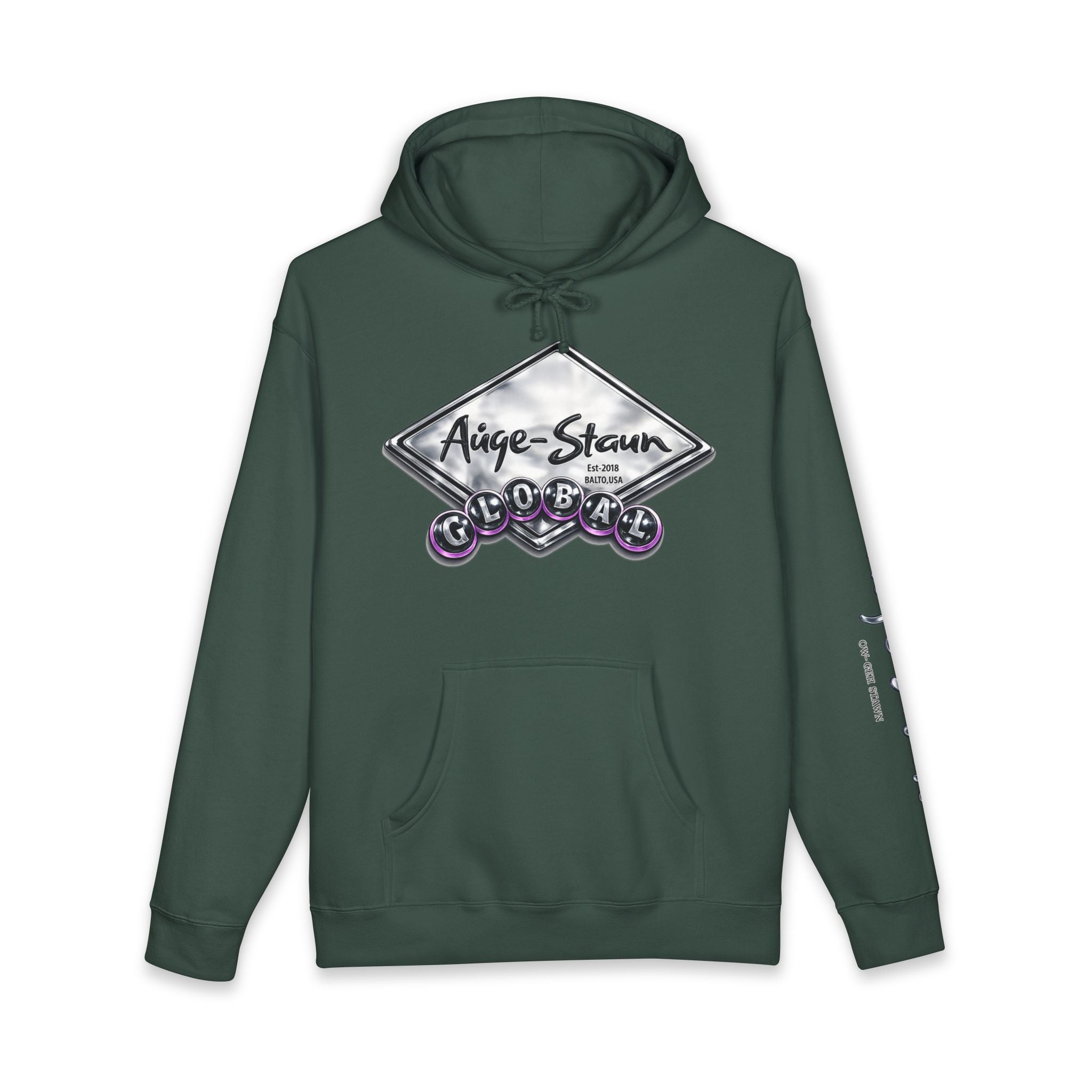 Auge-Staun Logo Hoodie — White Graphic Pullover with Script & Sleeve Print