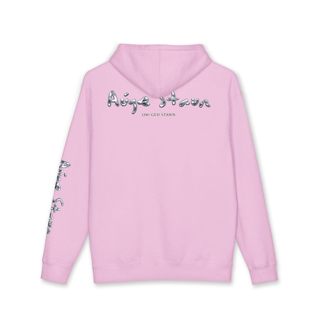 Auge-Staun Logo Hoodie — White Graphic Pullover with Script & Sleeve Print