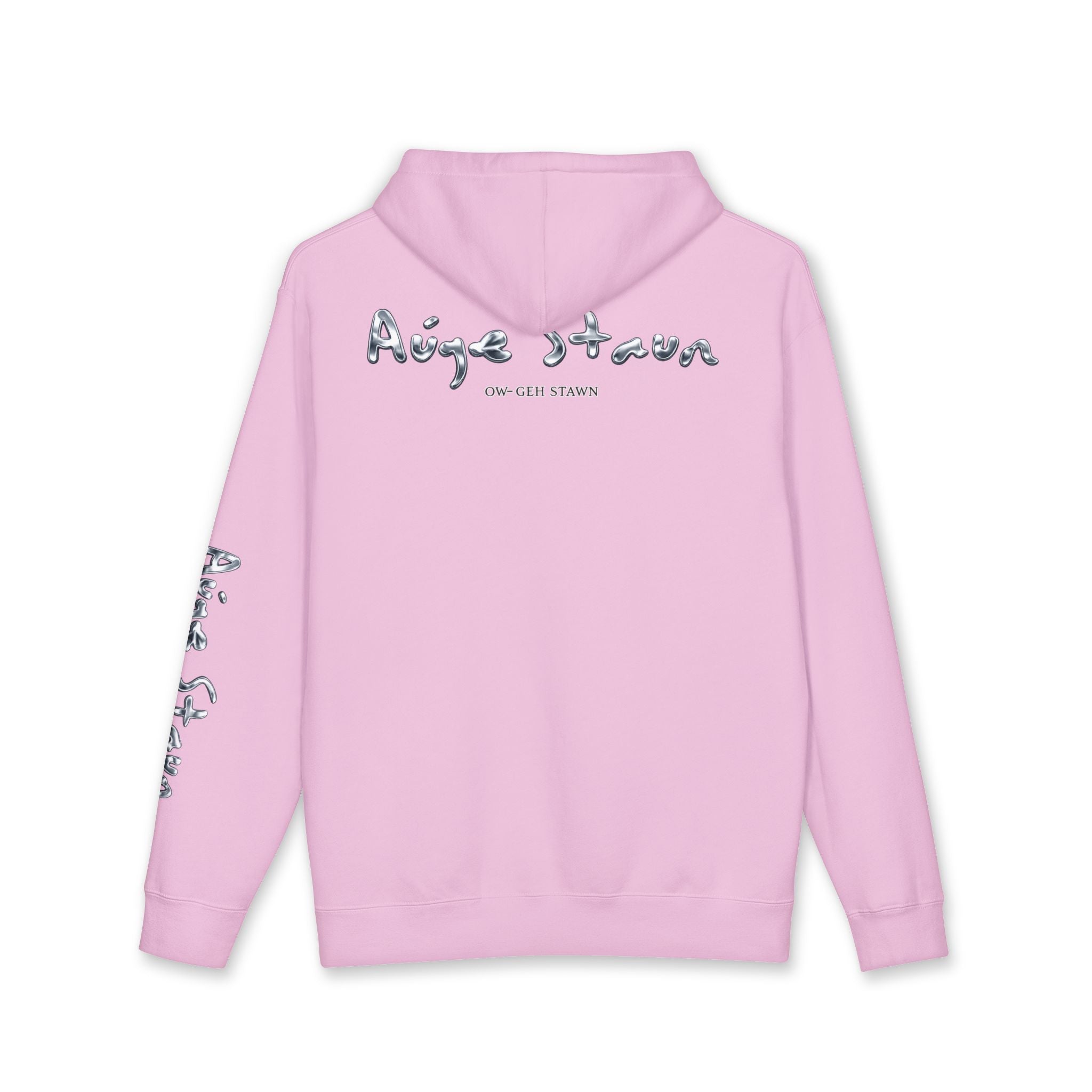 Auge-Staun Logo Hoodie — White Graphic Pullover with Script & Sleeve Print
