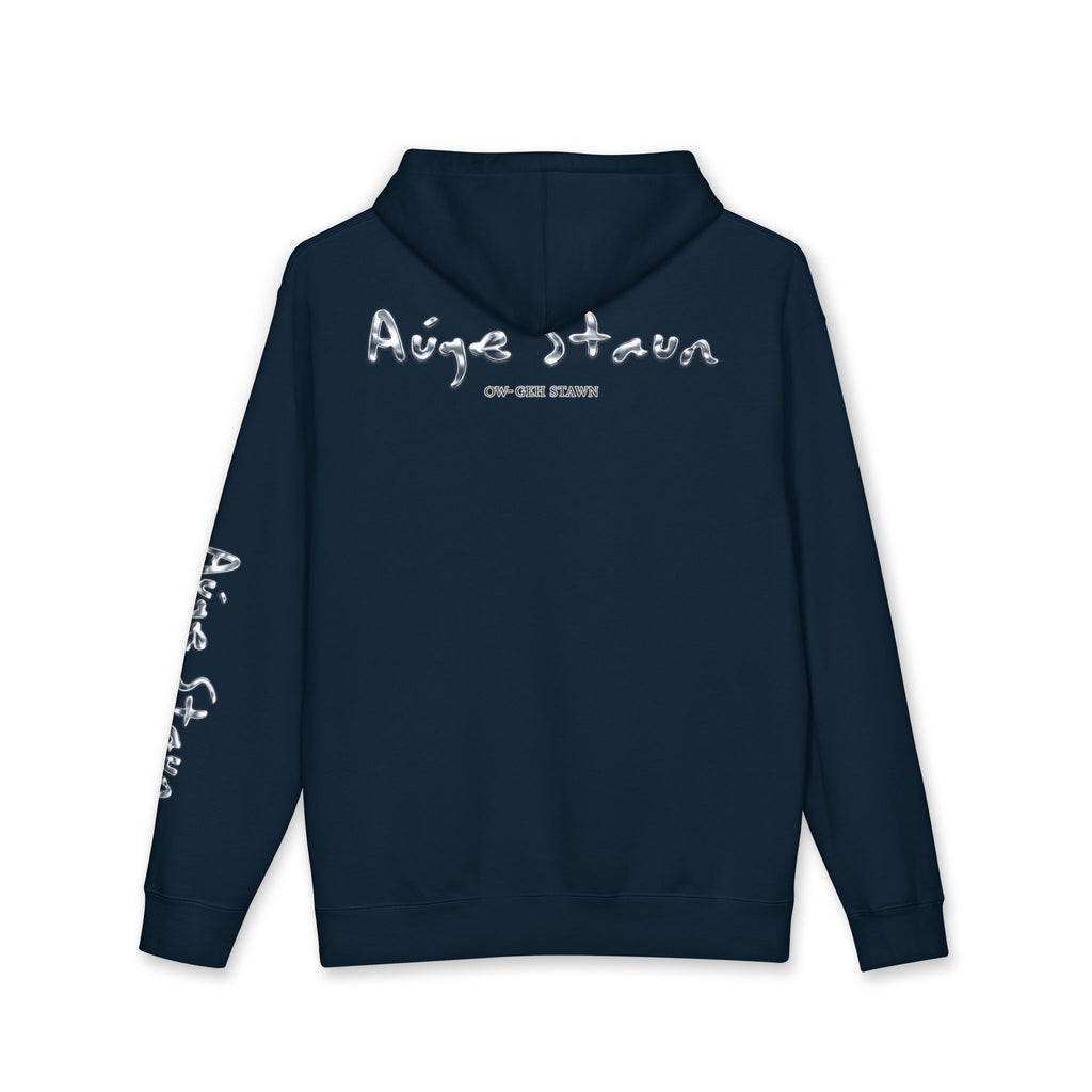 Auge-Staun Logo Hoodie — White Graphic Pullover with Script & Sleeve Print