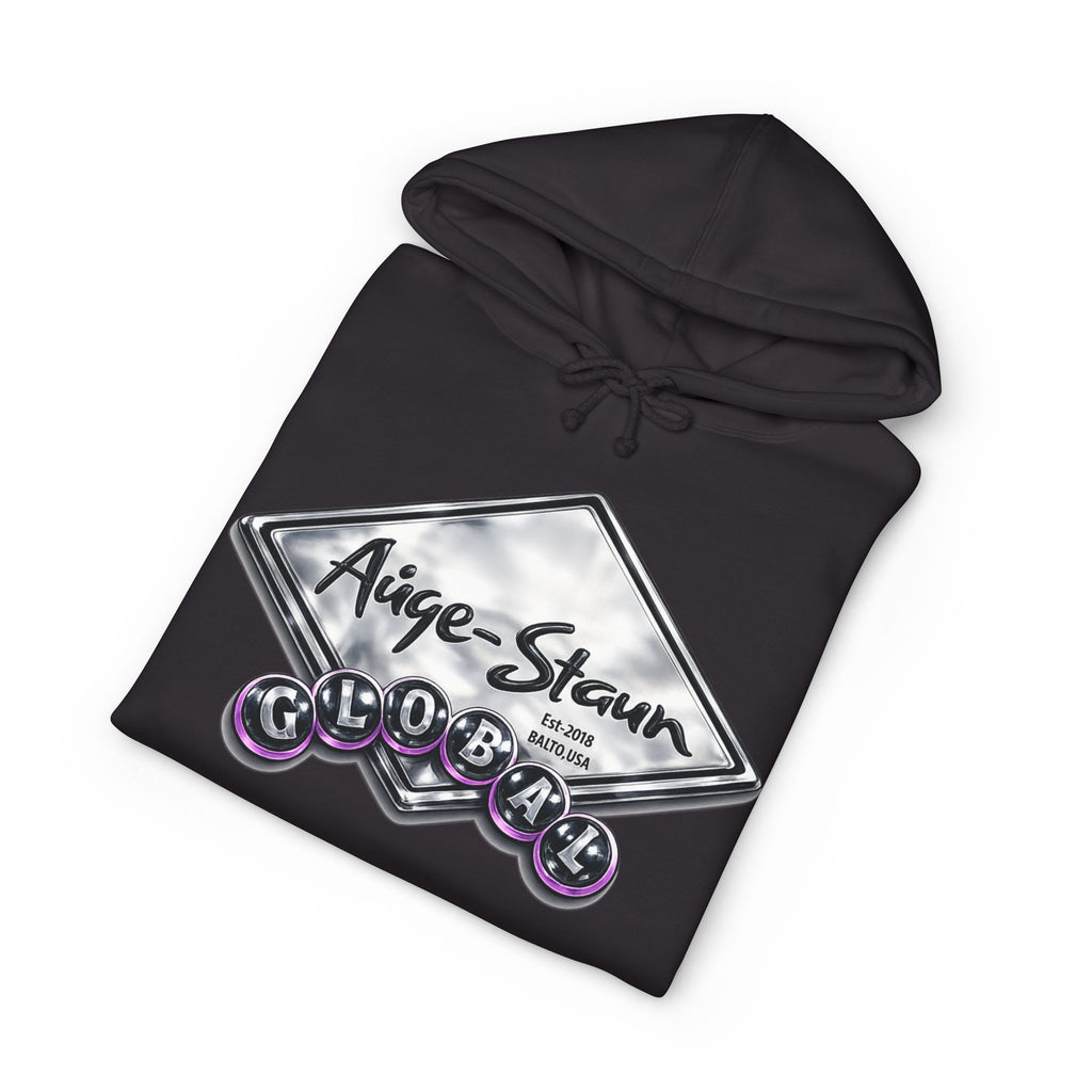 Auge-Staun Logo Hoodie — White Graphic Pullover with Script & Sleeve Print
