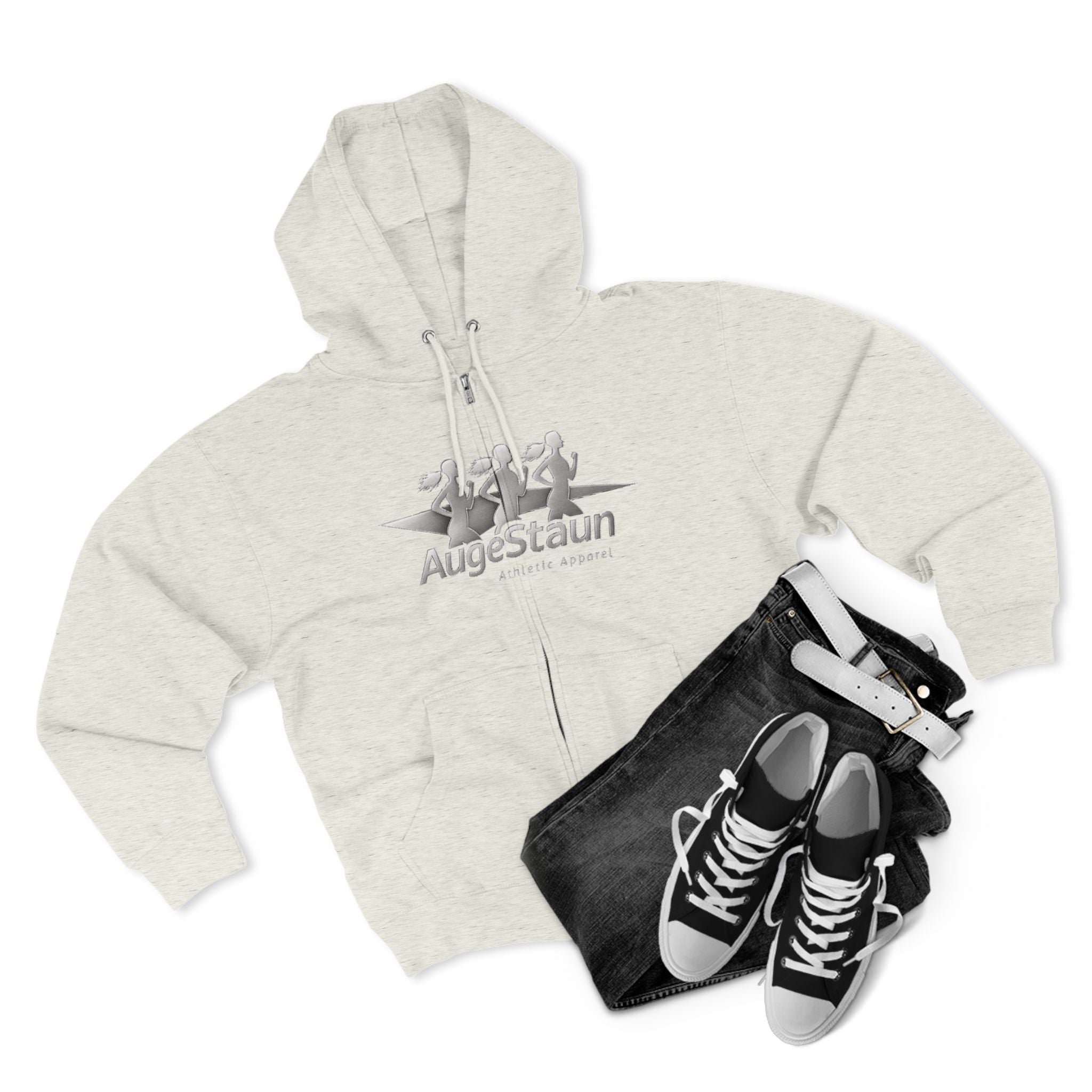 Augé-Staun Logo Zip Hoodie (ASAA) — Minimalist Grey Zip-Up Hoodie with Subtle Embroidered Text