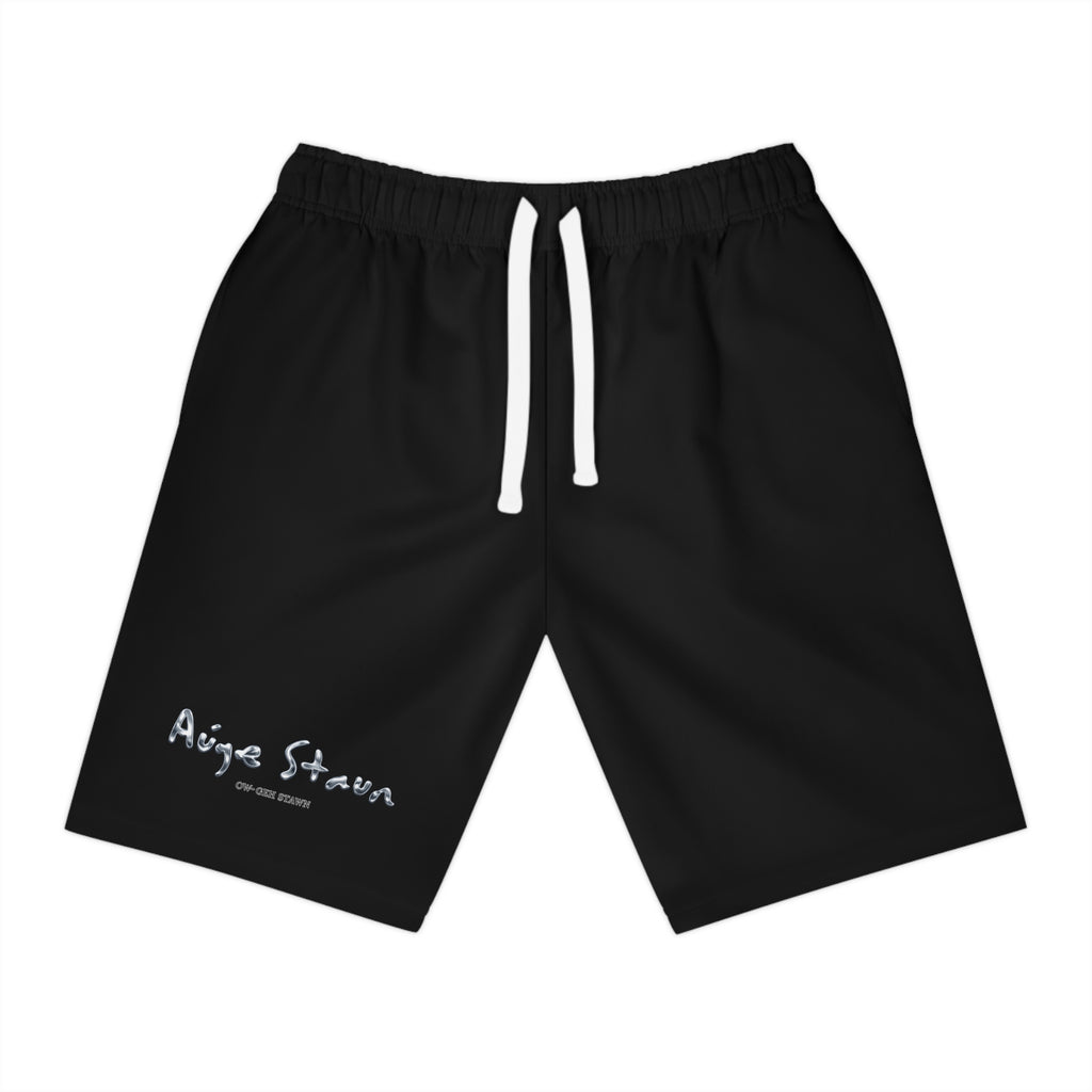 Black Athletic Shorts with Minimal 'Auge Staun' Script — Performance Gym & Casual Wear