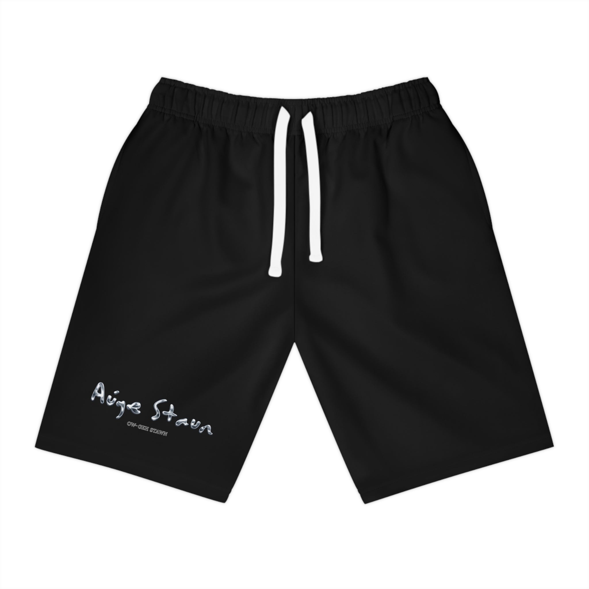 Black Athletic Shorts with Minimal 'Auge Staun' Script — Performance Gym & Casual Wear