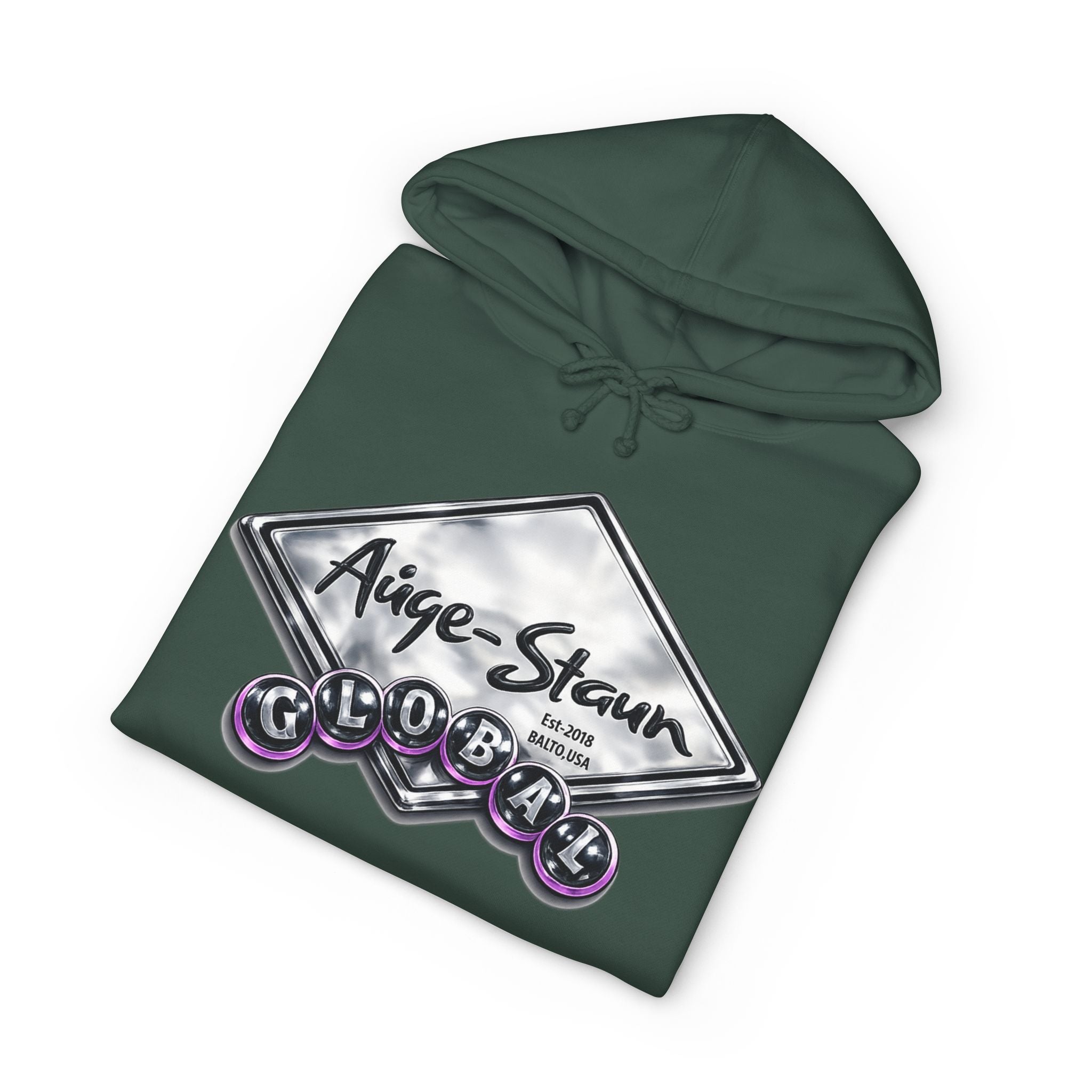 Auge-Staun Logo Hoodie — White Graphic Pullover with Script & Sleeve Print