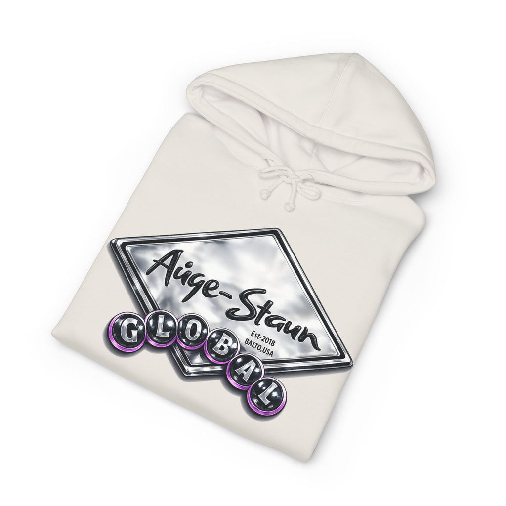 Auge-Staun Logo Hoodie — White Graphic Pullover with Script & Sleeve Print