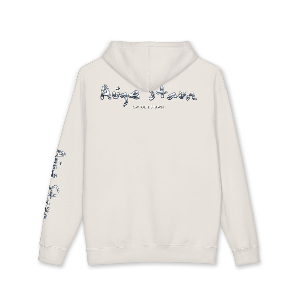 Auge-Staun Logo Hoodie — White Graphic Pullover with Script & Sleeve Print