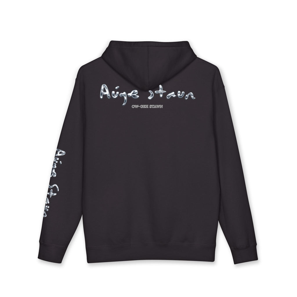 Auge-Staun Logo Hoodie — White Graphic Pullover with Script & Sleeve Print