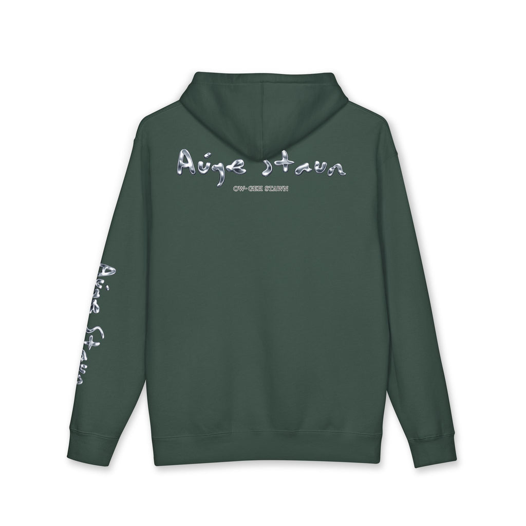 Auge-Staun Logo Hoodie — White Graphic Pullover with Script & Sleeve Print