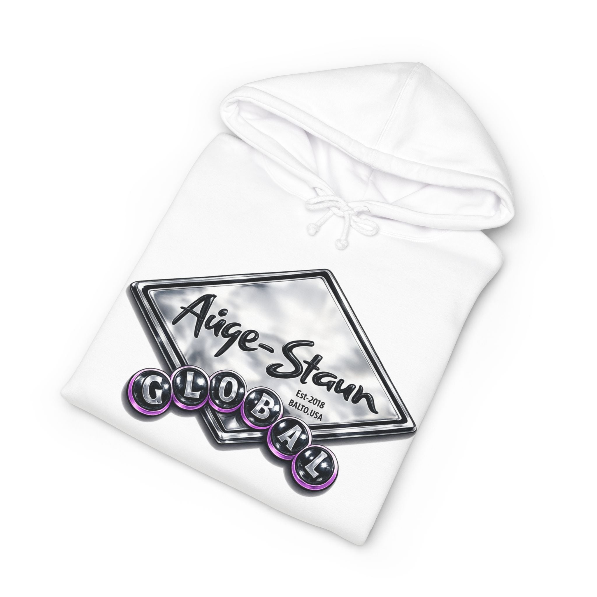 Auge-Staun Logo Hoodie — White Graphic Pullover with Script & Sleeve Print