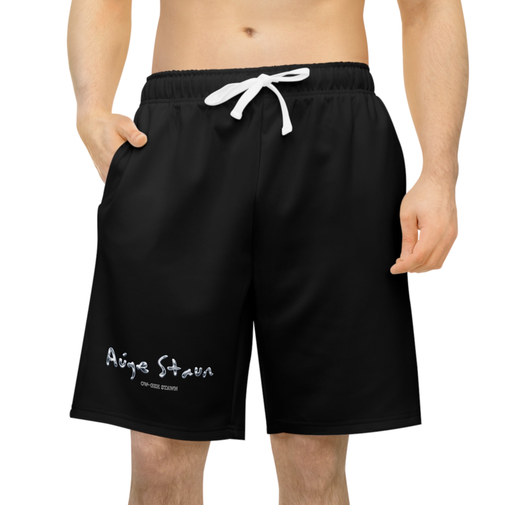 Black Athletic Shorts with Minimal 'Auge Staun' Script — Performance Gym & Casual Wear